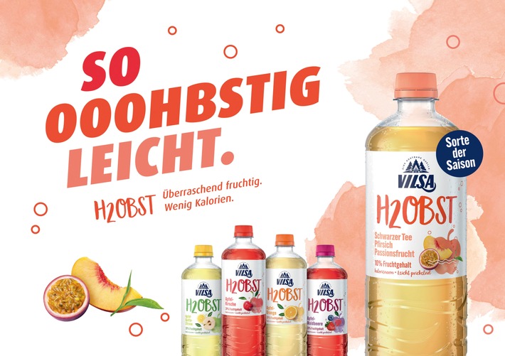 VILSA H2Obst-Range wächst um ooohbstige Sommer-Sorte: Mit VILSA H2Obst „Schwarzer Tee Pfirsich Passionsfrucht“ die fruchtige Erfrischung der Saison erleben